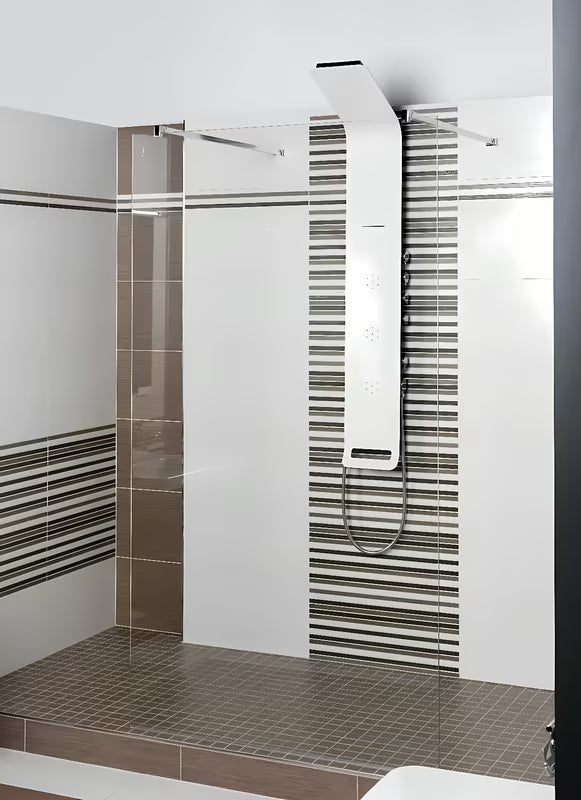 Biały panel prysznicowy SIKO Alushower z 4 funkcjami, w tym deszczownicą, słuchawką prysznicową prysznice, wodospadem i dyszami masującymi.