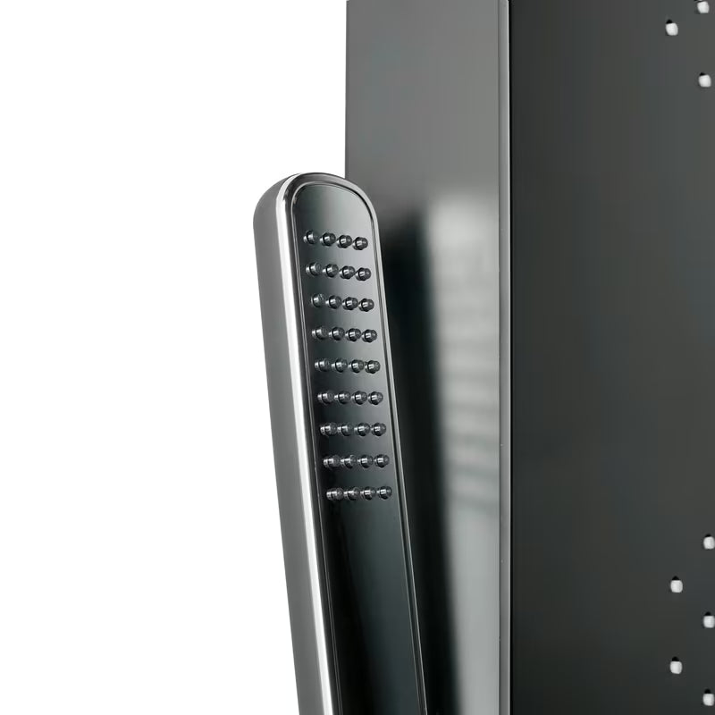 Czarny panel prysznicowy SIKO z 4 funkcjami, w tym deszczownicą, słuchawką prysznicową, wodospadem i dyszami masującymi.