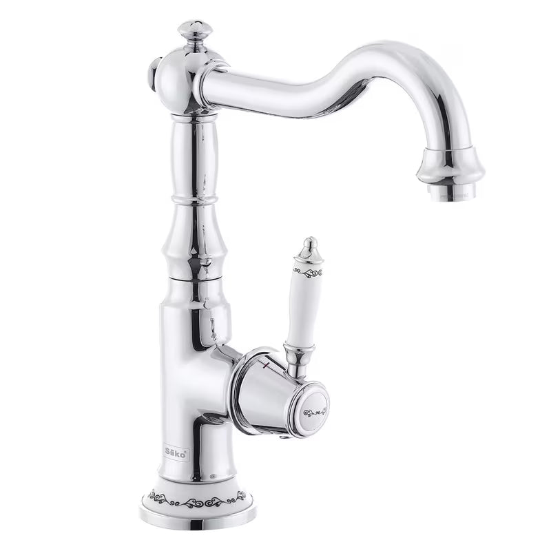 Chromowana bateria zlewozmywakowa SIKO Provence z dźwignią i obrotową wylewką w retro designie.