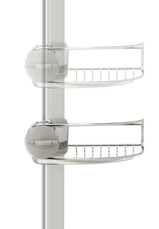 Regulowana drążek prysznicowy Simplehuman Shower caddy z drucianymi półkami narożny ze stali nierdzewnej.