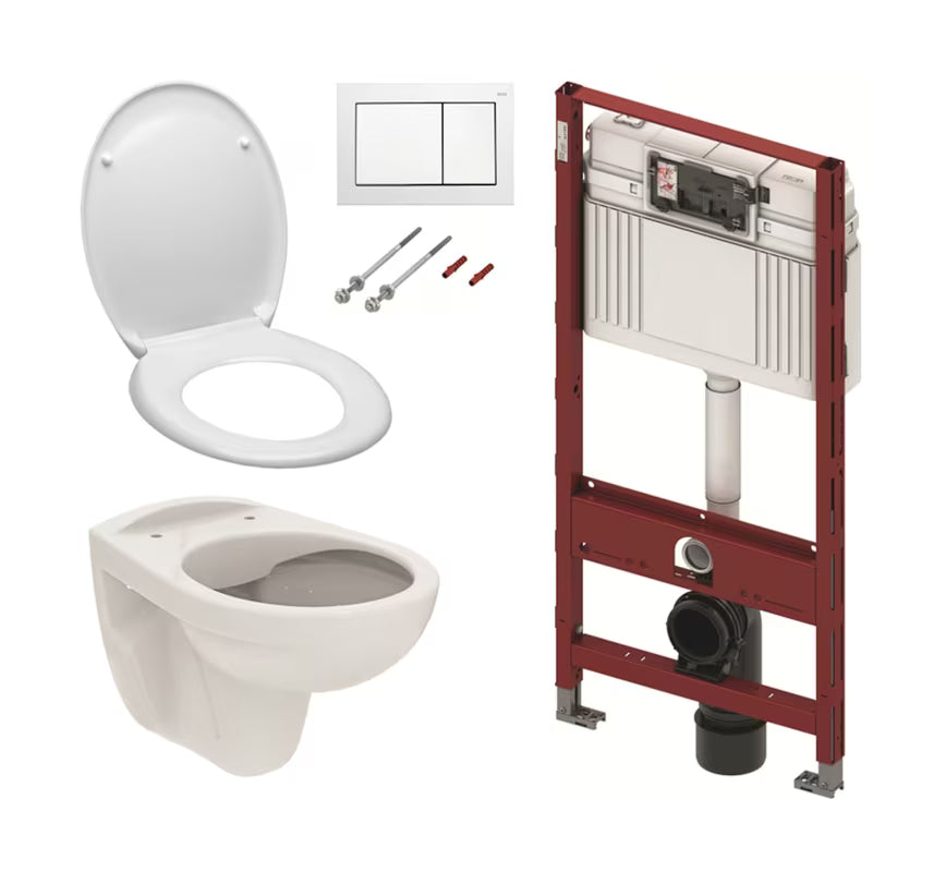 Promocyjny zestaw WC podtynkowy TECE 5w1 ze stelażem podtynkowym, białym przyciskiem TECEbase, bezkołnierzowym MISKA wc i deską soft Close