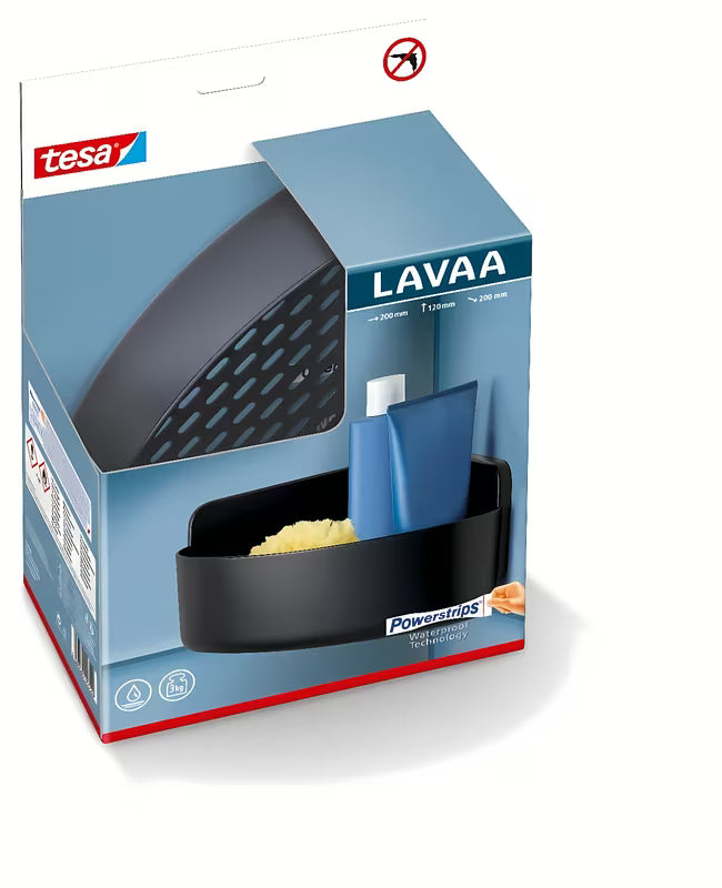 Narożna półka prysznicowa półka Tesa w matowej czerni z montażem bez wiercenia za pomocą Powerstrips Waterproof.