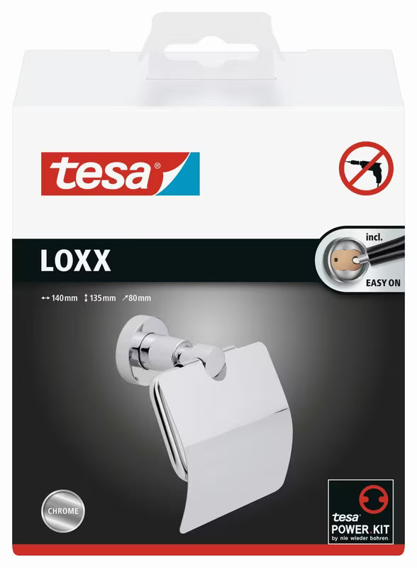 Chromowany uchwyt na papier toaletowy Tesa Loxx z pokrywą pro montaż ścienny bez wiercenia.