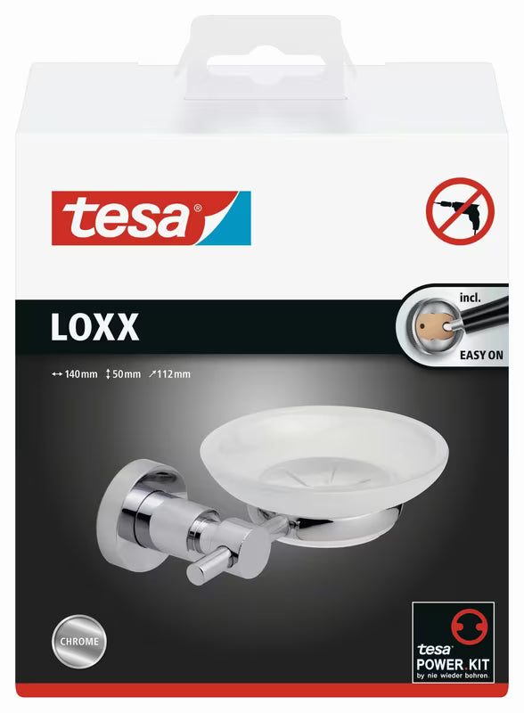 Chromowany uchwyt na mydelniczkę Tesa Loxx z miseczką ze szkła satynowego pro montaż bez wiercenia