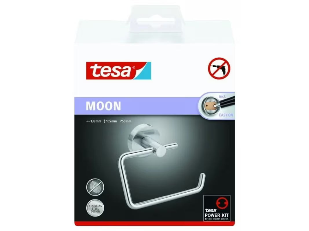 Samoprzylepny uchwyt na papier toaletowy Tesa Moon ze stali szczotkowanej o okrągłym wzornictwie