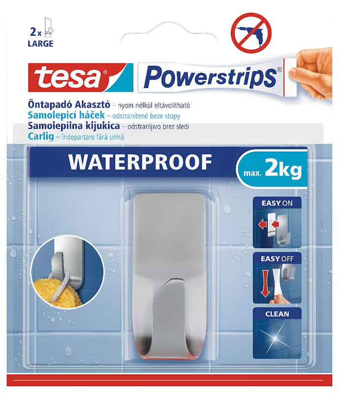 Wodoodporny nierdzewny haczyk Tesa Powerstrips pro do wieszania ręczników i akcesoriów bez wiercenia.
