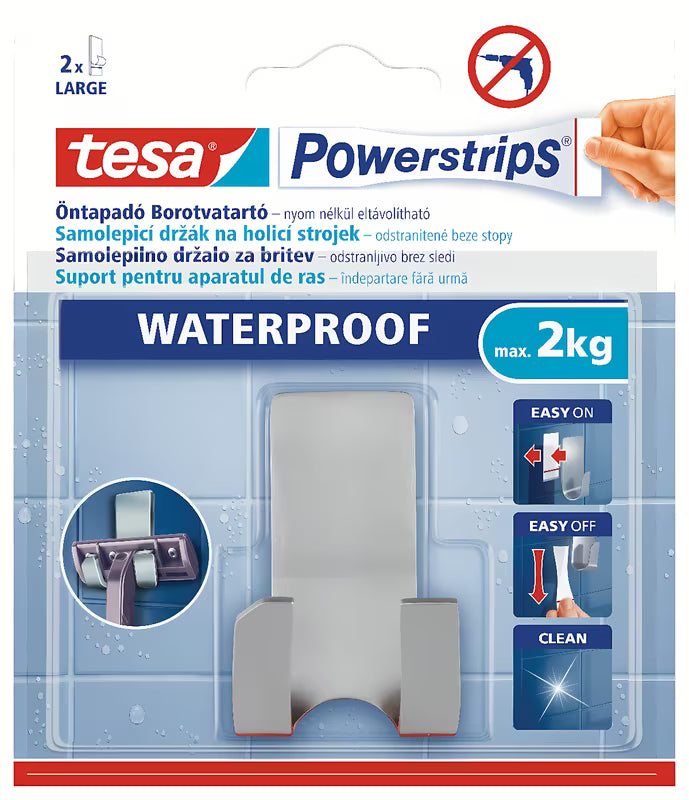 Tesa Powerstrips wodoodporny nierdzewny wieszak 2 hakowy pro do zawieszenia maszynki do golenia bez wiercenia.