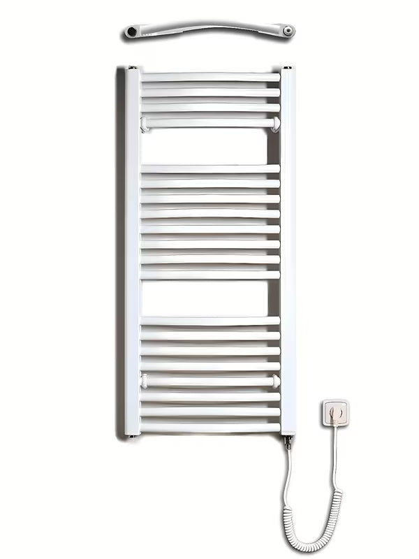 Biały elektryczny rurowy grzejnik łazienkowy Thermal Trend KDOE 450x960 mm z grzałką i kablem do gniazdka.