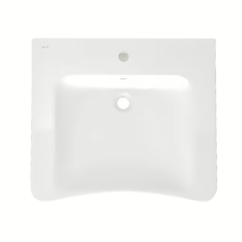 Białe wiszące bezprogowe umywalka Vitra 65x56 cm z ceramiki z przelewem i otworem pro baterię pośrodku.