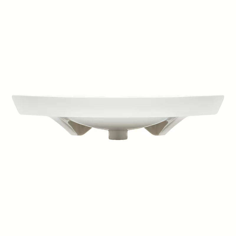 Białe wiszące bezprogowe umywalka Vitra 65x56 cm z ceramiki z przelewem i otworem pro baterię pośrodku.