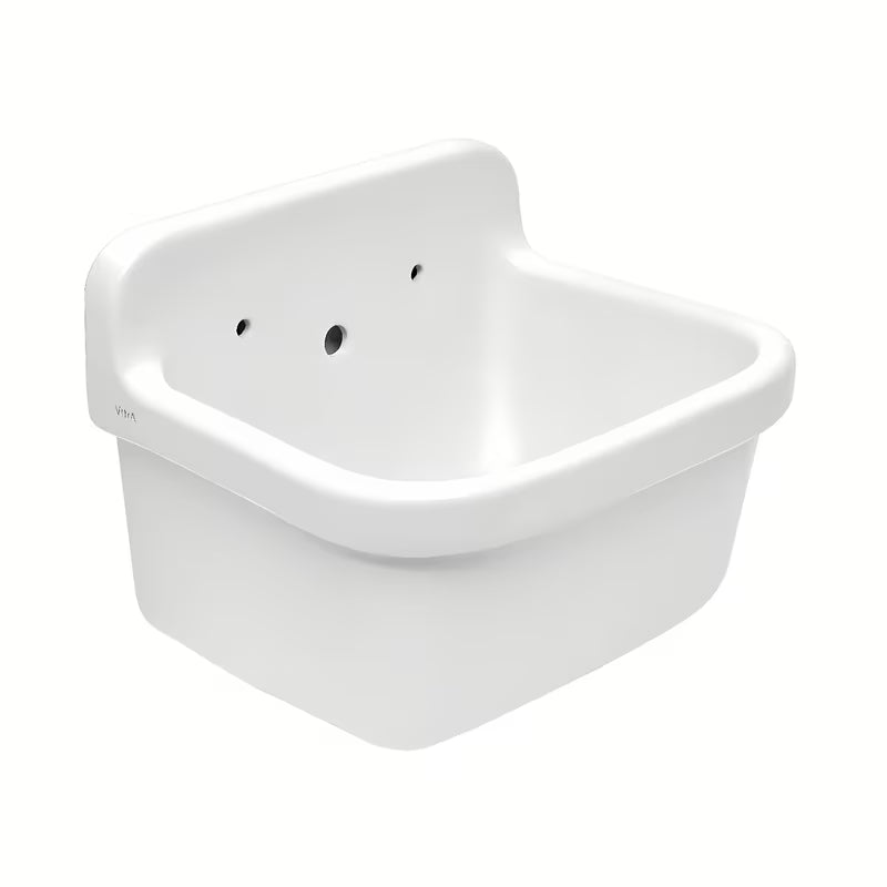 Biała wisząca ceramiczna zlew gospodarczy Vitra z przelewem, wymiar 43x37 cm.