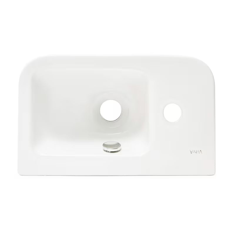 Biała ceramiczna mała umywalka Vitra Integra 37x22 cm z otworem na baterię po lewej stronie, w połysku