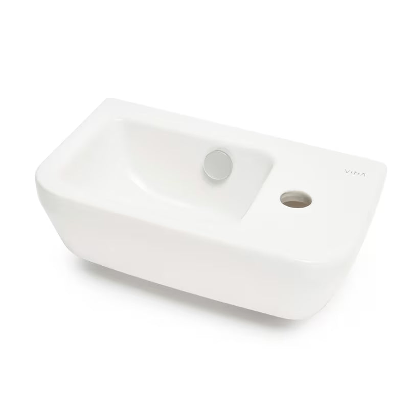 Biała ceramiczna mała umywalka Vitra Integra 37x22 cm z przelewem i otworem na baterię po prawej stronie