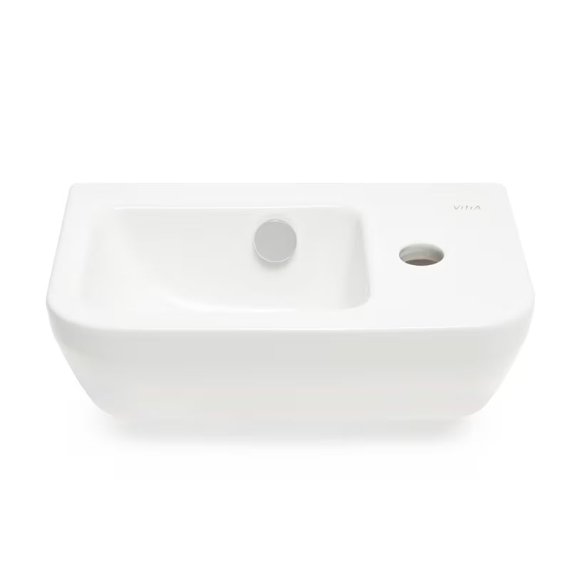 Biała ceramiczna mała umywalka Vitra Integra 37x22 cm z przelewem i otworem na baterię po prawej stronie