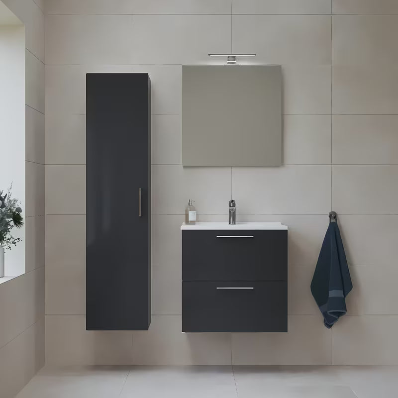 Zestaw mebli Łazienkowych vitra Mia w połyskującym antracycie z umywalką ceramiczną, lustrem i oświetleniem LED.