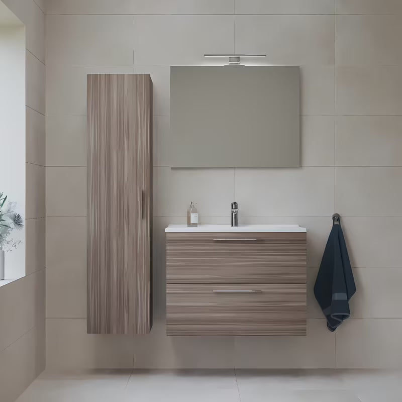 Wisząca zestaw mebli łazienkowych vitra Mia w dekorze cordoba z umywalką ceramiczną, lustrem i oświetleniem LED