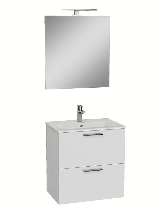 Biała zestaw mebli łazienkowych Vitra Mia z umywalką ceramiczną, szafką wiszącą, lustrem i oświetleniem LED.