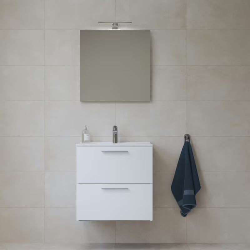 Biała zestaw mebli łazienkowych Vitra Mia z umywalką ceramiczną, szafką wiszącą, lustrem i oświetleniem LED.