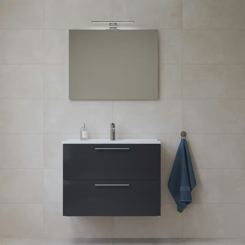 Zestaw mebli Łazienkowych Vitra Mia 79 x 39,5 cm w kolorze antracytowym z szafką, umywalką, lustrem i oświetleniem LED.