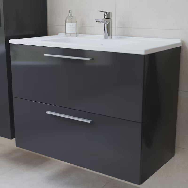 Zestaw mebli Łazienkowych Vitra Mia 79 x 39,5 cm w kolorze antracytowym z szafką, umywalką, lustrem i oświetleniem LED.