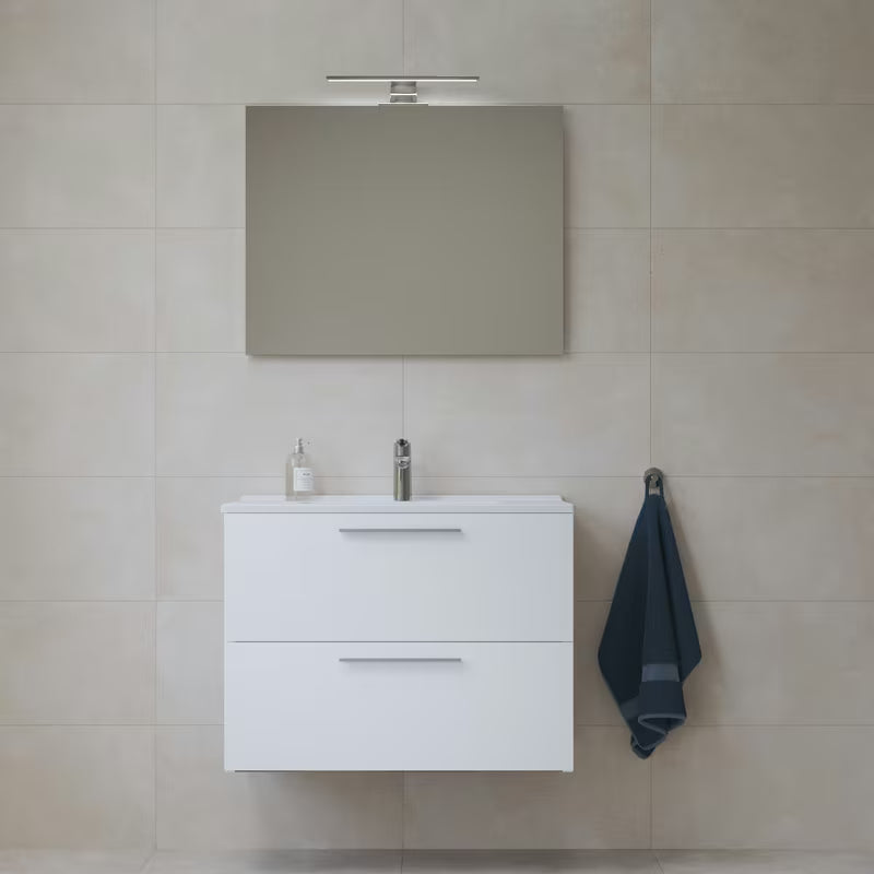 Biała zestaw mebli łazienkowych Vitra Mia z umywalką ceramiczną, szafką wiszącą, lustrem i oświetleniem LED.