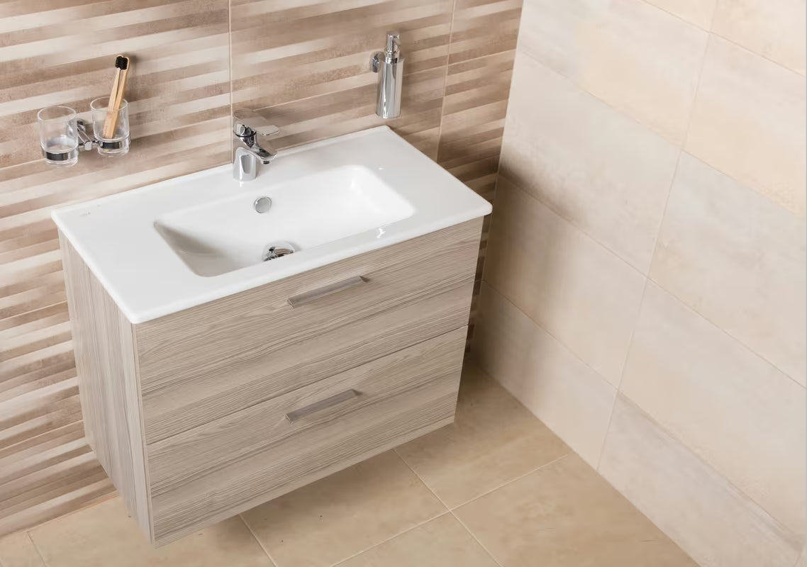 Zestaw mebli Łazienkowych Vitra Mia 79 x 39,5 cm w dekorze cordoba z szafką, umywalką, lustrem i oświetleniem LED
