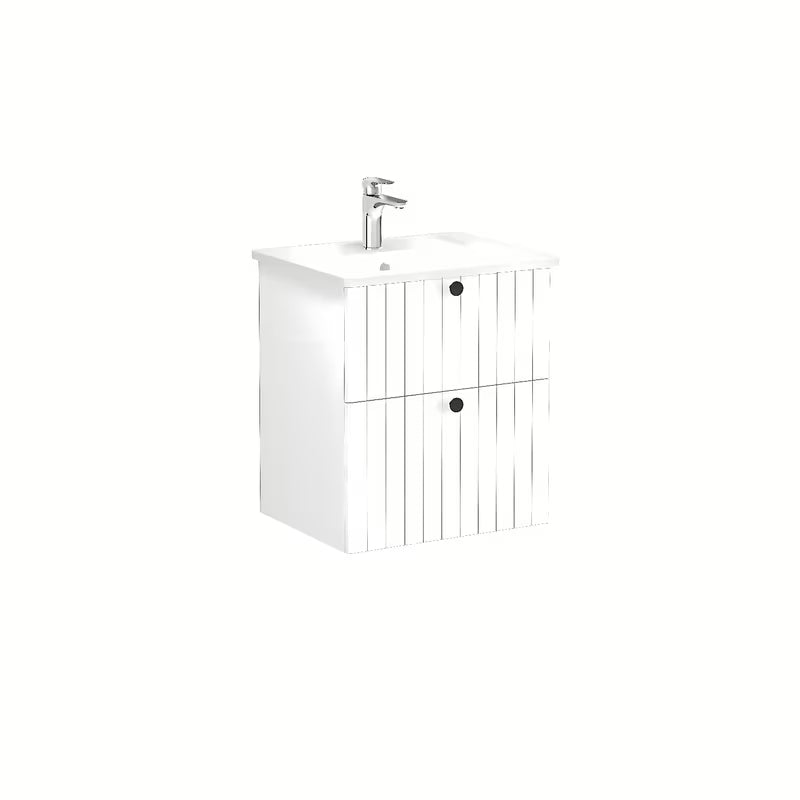 Wisząca szafka łazienkowa z umywalką ceramiczną Vitra Root Groove w matowej bieli z czarnymi uchwytami.
