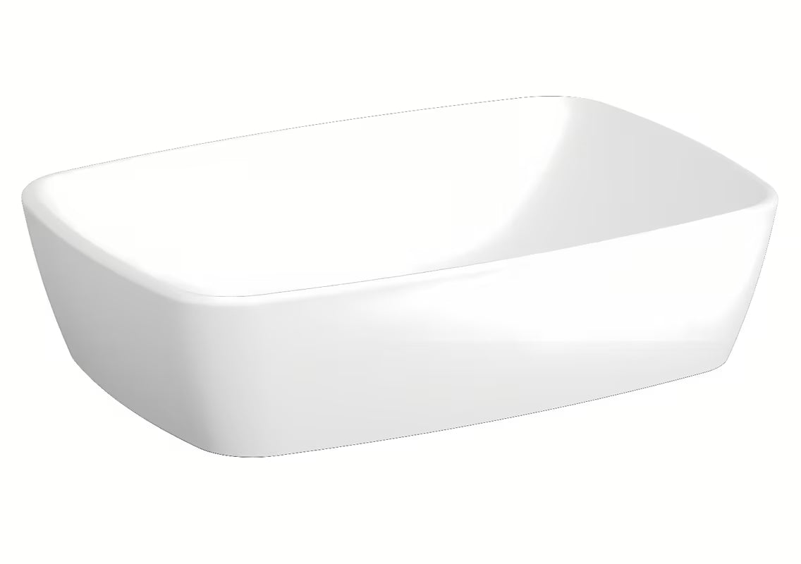 Biała ceramiczna umywalka nablatowa Vitra Shift New 55 x 38 cm bez przelewu i bez otworu na baterię.