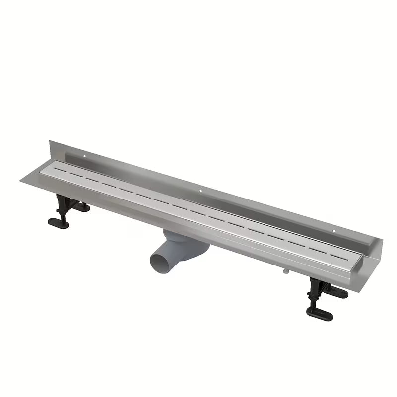 Stalowy odpływ liniowy Alca 91 cm w kolorze chrome z matowym rusztem ze stali nierdzewnej i niskim obrotowym syfonem