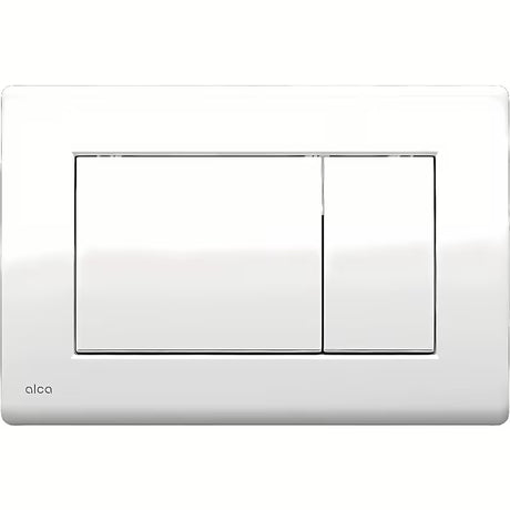 Biały przycisk spłukujący Alca pro do systemów instalacyjnych przedściennych i zbiorników MISKA wc do zamurowania z dwudzielnym spłukiwaniem.