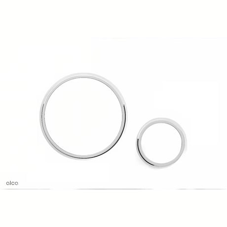 Biały przycisk spłukujący Alca M770 pro mechaniczne spłukiwanie dwudzielne, o niskim profilu 5,5 mm.