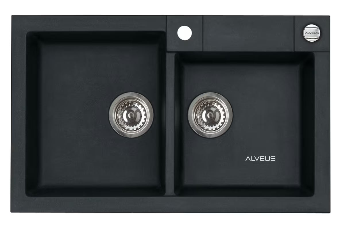 Alveus Rock 90 granitowy zlewozmywak kuchenny zlewozmywak dwukomorowy bez ociekacza w kolorze antracytowym pro montaż na blat roboczy.