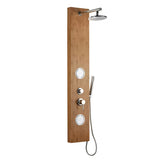 Panel prysznicowy z hydromasażem Anima Bamboo Shower z bambusa z deszczownicą, słuchawką prysznicową i dyszami masującymi.