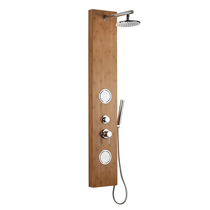 Panel prysznicowy z hydromasażem Anima Bamboo Shower z bambusa z deszczownicą, słuchawką prysznicową i dyszami masującymi.