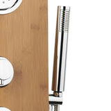 Panel prysznicowy z hydromasażem Anima Bamboo Shower z bambusa z deszczownicą, słuchawką prysznicową i dyszami masującymi.