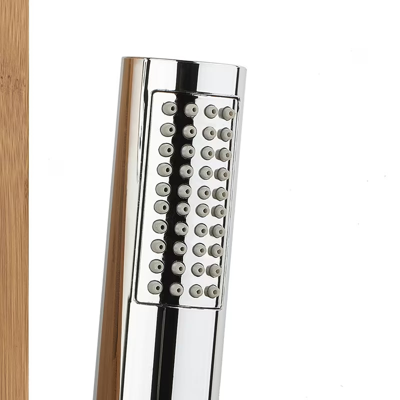 Panel prysznicowy z hydromasażem Anima Bamboo Shower z bambusa z deszczownicą, słuchawką prysznicową i dyszami masującymi.
