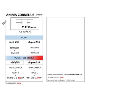 Chromowany kombinowany grzejnik łazienkowy Anima Cornelius 50x130 cm z podłączeniem środkowym 50 mm