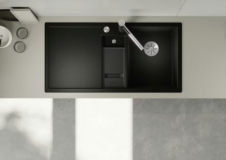 Czarny granitowy zlewozmywak  Blanco 100 x 51 cm z ociekaczem, komorą pomocniczą i orientacją prawą
