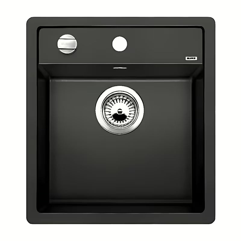 Czarny zlewozmywak  Blanco Dalago z materiału Silgranit z korkiem automatycznym, montaż nablatowy