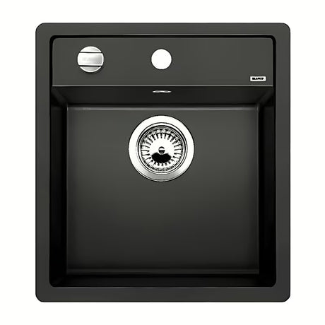Czarny zlewozmywak  Blanco Dalago z materiału Silgranit z korkiem automatycznym, montaż nablatowy