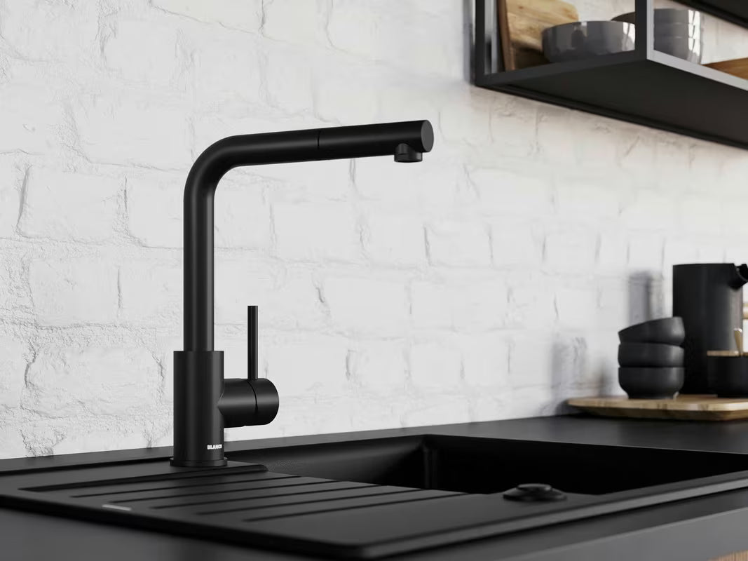 Blanco Mila bateria zlewozmywakowa w kolorze czarny mat z obrotowym ramieniem