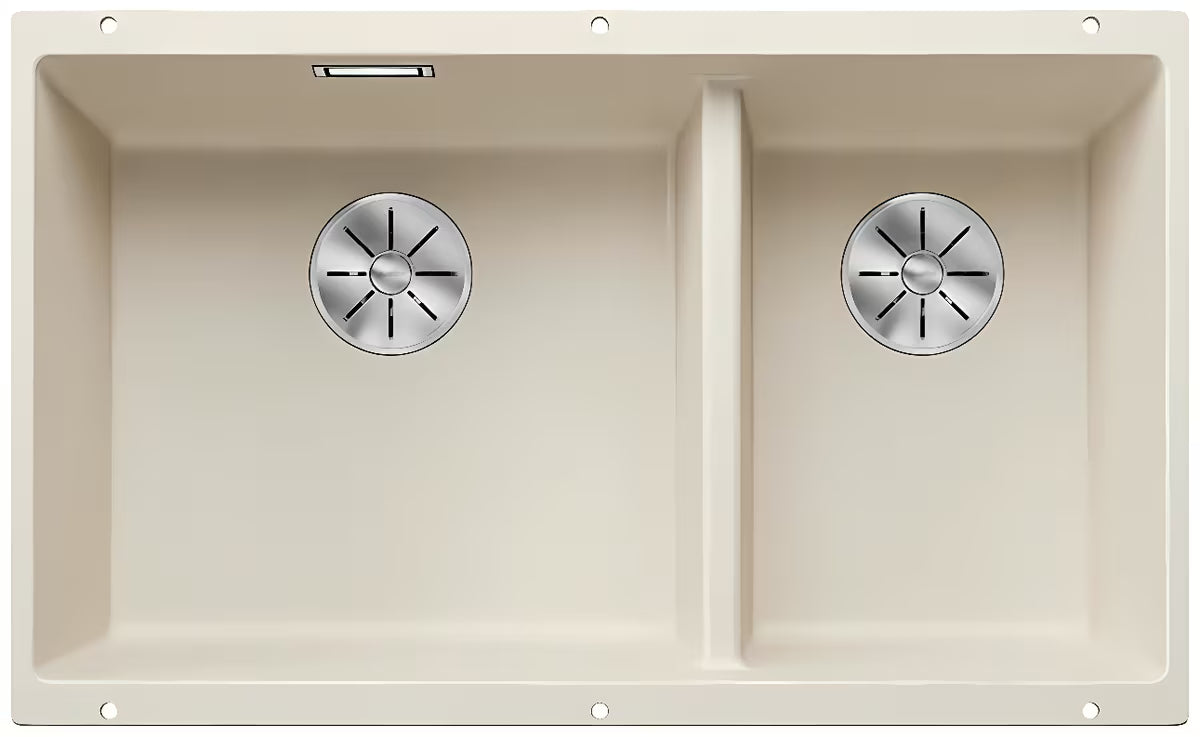 Granitowy zlewozmywak kuchenny zlewozmywak dwukomorowy Blanco Subline 430/270 U pro montaż dolny, biały soft