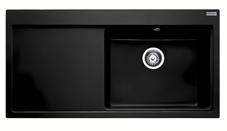 Granitowy zlewozmywak  Franke z ociekaczem w kolorze onyx, komora po prawej, montaż nablatowy