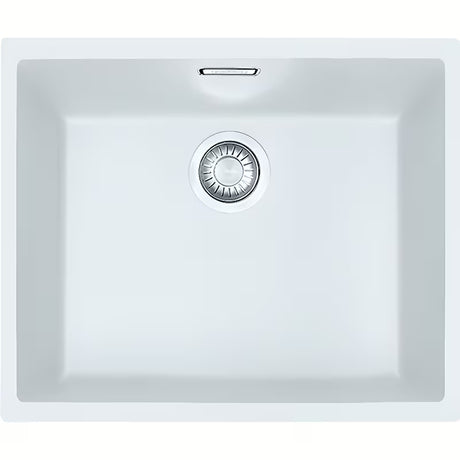 Biały zlewozmywak kuchenny zlewozmywak jednokomorowy Franke Sid110-50 z Tectonite pro montaż pod blat roboczy ze ukrytym przelewem.