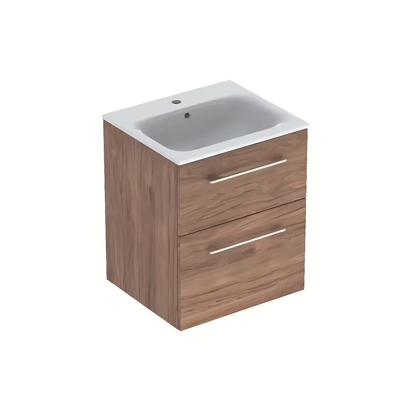 Wisząca szafka łazienkowa z umywalką ceramiczną Geberit Selnova w dekorze orzech hickory