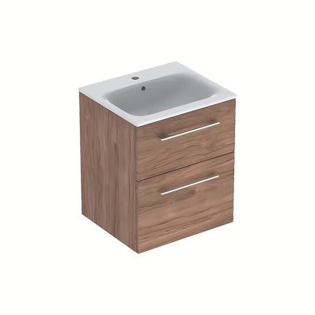 Wisząca szafka łazienkowa z umywalką ceramiczną Geberit Selnova w dekorze orzech hickory