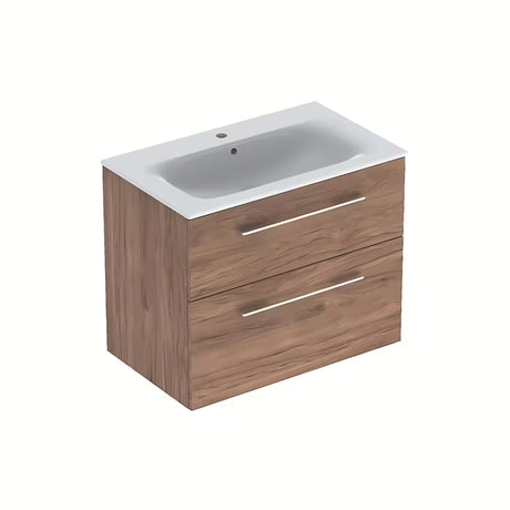 Wisząca szafka łazienkowa z umywalką ceramiczną Geberit Selnova w dekorze orzech hickory
