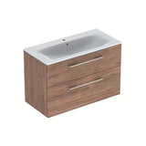 Wisząca szafka z umywalką ceramiczną Geberit Selnova w dekorze orzech hickory, 100x50,2x65,2 cm.