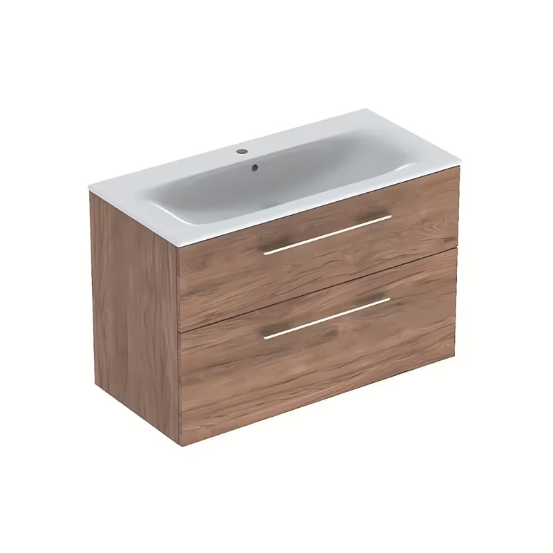 Wisząca szafka z umywalką ceramiczną Geberit Selnova w dekorze orzech hickory, 100x50,2x65,2 cm.