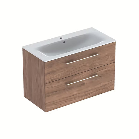Wisząca szafka z umywalką ceramiczną Geberit Selnova w dekorze orzech hickory, 100x50,2x65,2 cm.
